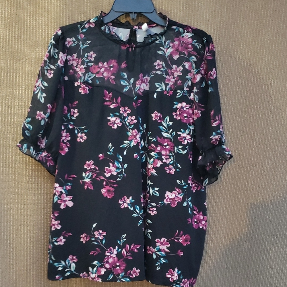 Perseption Black Blouse with Pink Floral Design